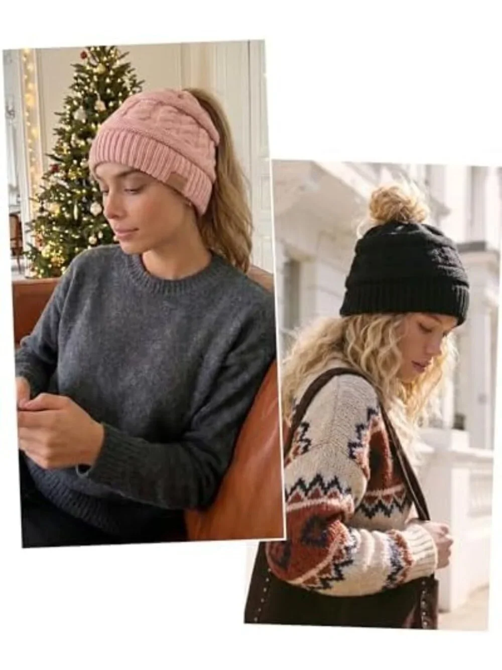 Cozy 2-Pack Women's Cable Knit Ponytail Beanie with Satin Liner - Winter Hats